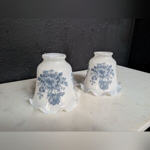 Vintage Set of 2 blue and white Floral design Milk Glass Tulip Lamp Shades
